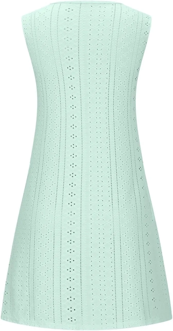 Casual Eyelet Dresses for Women Sleeveless Flowy Tank Dress with Pocket Summer Beach Sundress Vacation Outfits 2025