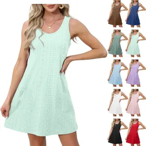 Casual Eyelet Dresses for Women Sleeveless Flowy Tank Dress with Pocket Summer Beach Sundress Vacation Outfits 2025