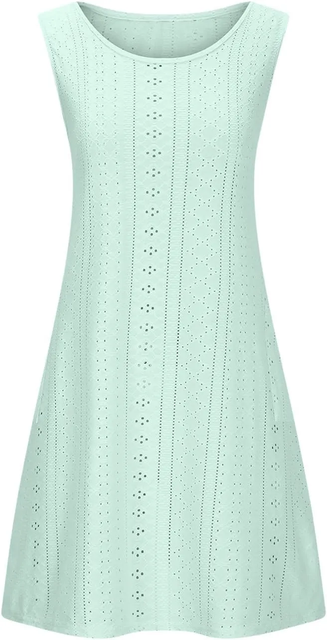 Casual Eyelet Dresses for Women Sleeveless Flowy Tank Dress with Pocket Summer Beach Sundress Vacation Outfits 2025