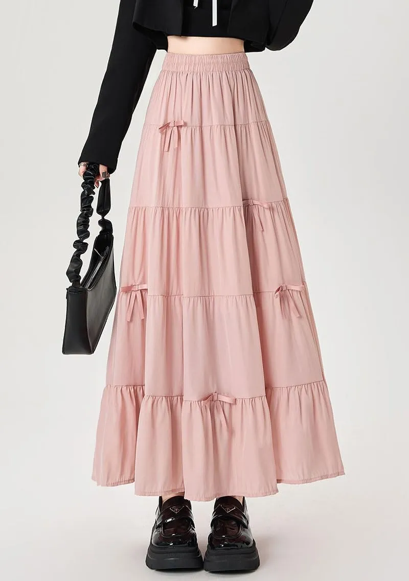 chouyatou Women's Casual Elastic Waist Ruffle Hem Skirt Vintage Bow Trim Pleated Flowy Swing Long Skirt