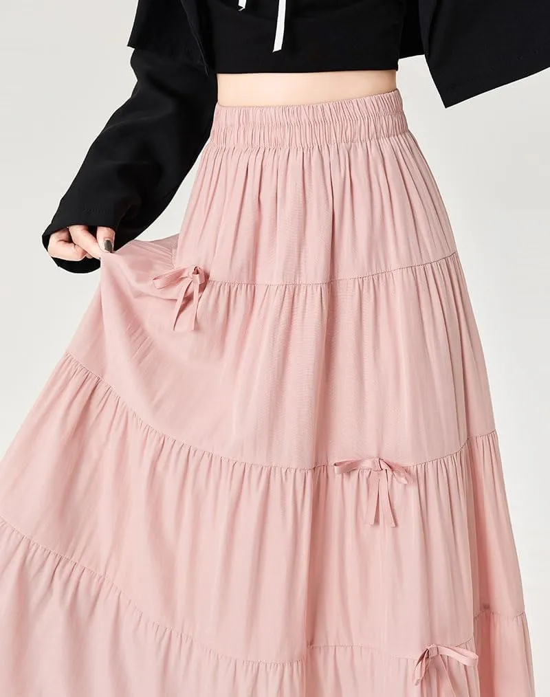 chouyatou Women's Casual Elastic Waist Ruffle Hem Skirt Vintage Bow Trim Pleated Flowy Swing Long Skirt
