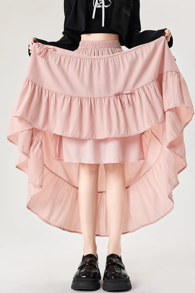 chouyatou Women's Casual Elastic Waist Ruffle Hem Skirt Vintage Bow Trim Pleated Flowy Swing Long Skirt
