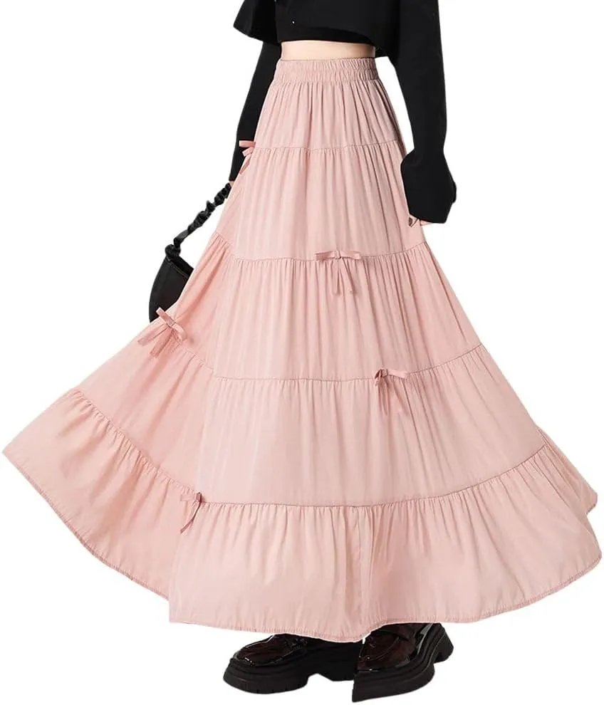 chouyatou Women's Casual Elastic Waist Ruffle Hem Skirt Vintage Bow Trim Pleated Flowy Swing Long Skirt