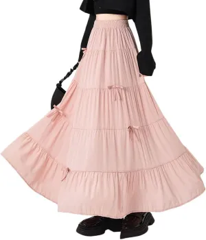 chouyatou Women's Casual Elastic Waist Ruffle Hem Skirt Vintage Bow Trim Pleated Flowy Swing Long Skirt