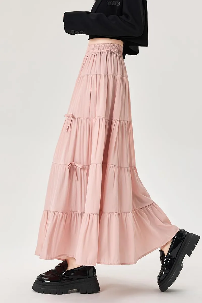 chouyatou Women's Casual Elastic Waist Ruffle Hem Skirt Vintage Bow Trim Pleated Flowy Swing Long Skirt