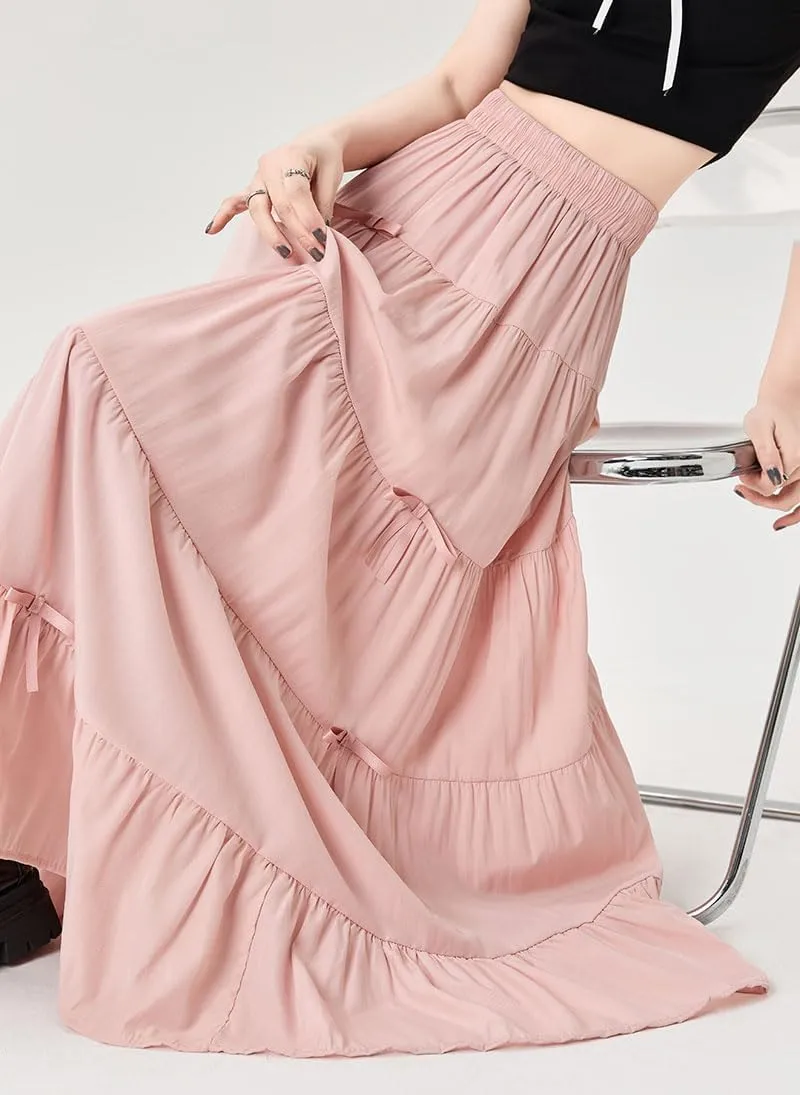 chouyatou Women's Casual Elastic Waist Ruffle Hem Skirt Vintage Bow Trim Pleated Flowy Swing Long Skirt