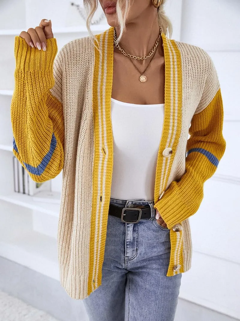 chouyatou Womens Fall Button Down Cardigan Sweaters Color Block Stripe Knitted Lightweight Cardigan