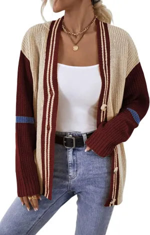 chouyatou Womens Fall Button Down Cardigan Sweaters Color Block Stripe Knitted Lightweight Cardigan