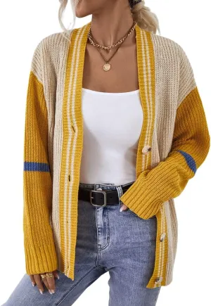 chouyatou Womens Fall Button Down Cardigan Sweaters Color Block Stripe Knitted Lightweight Cardigan