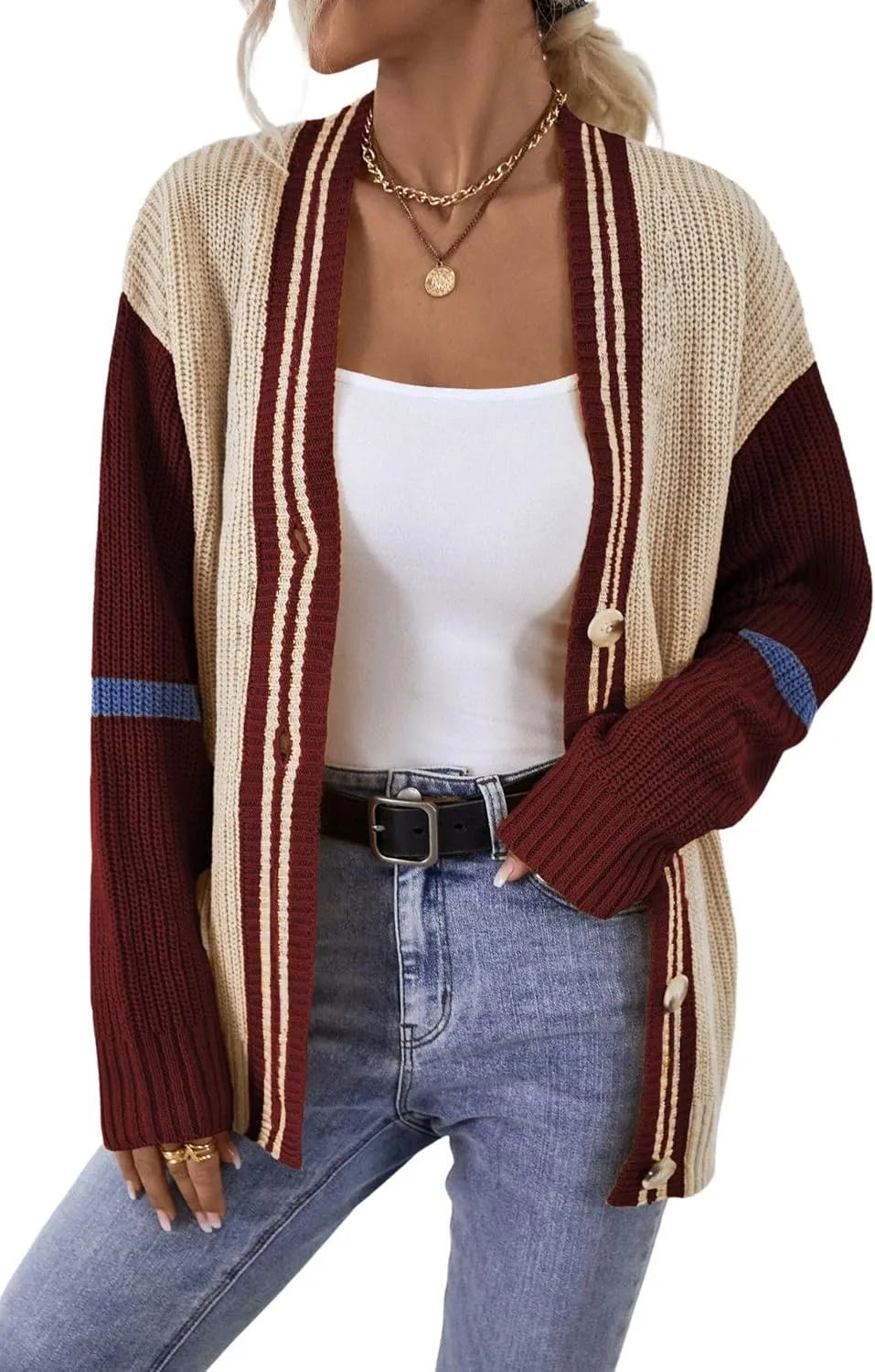 chouyatou Womens Fall Button Down Cardigan Sweaters Color Block Stripe Knitted Lightweight Cardigan