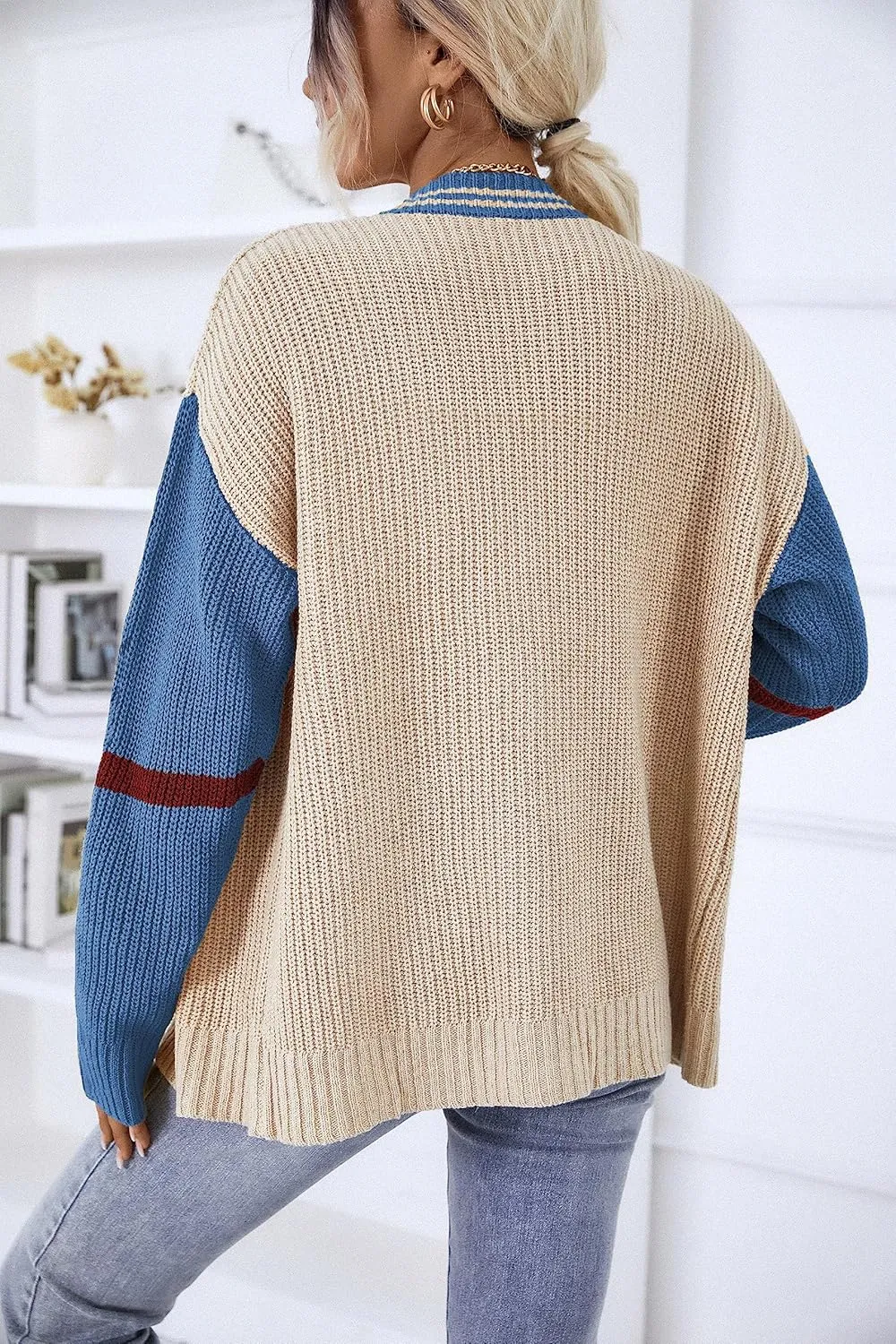 chouyatou Womens Fall Button Down Cardigan Sweaters Color Block Stripe Knitted Lightweight Cardigan