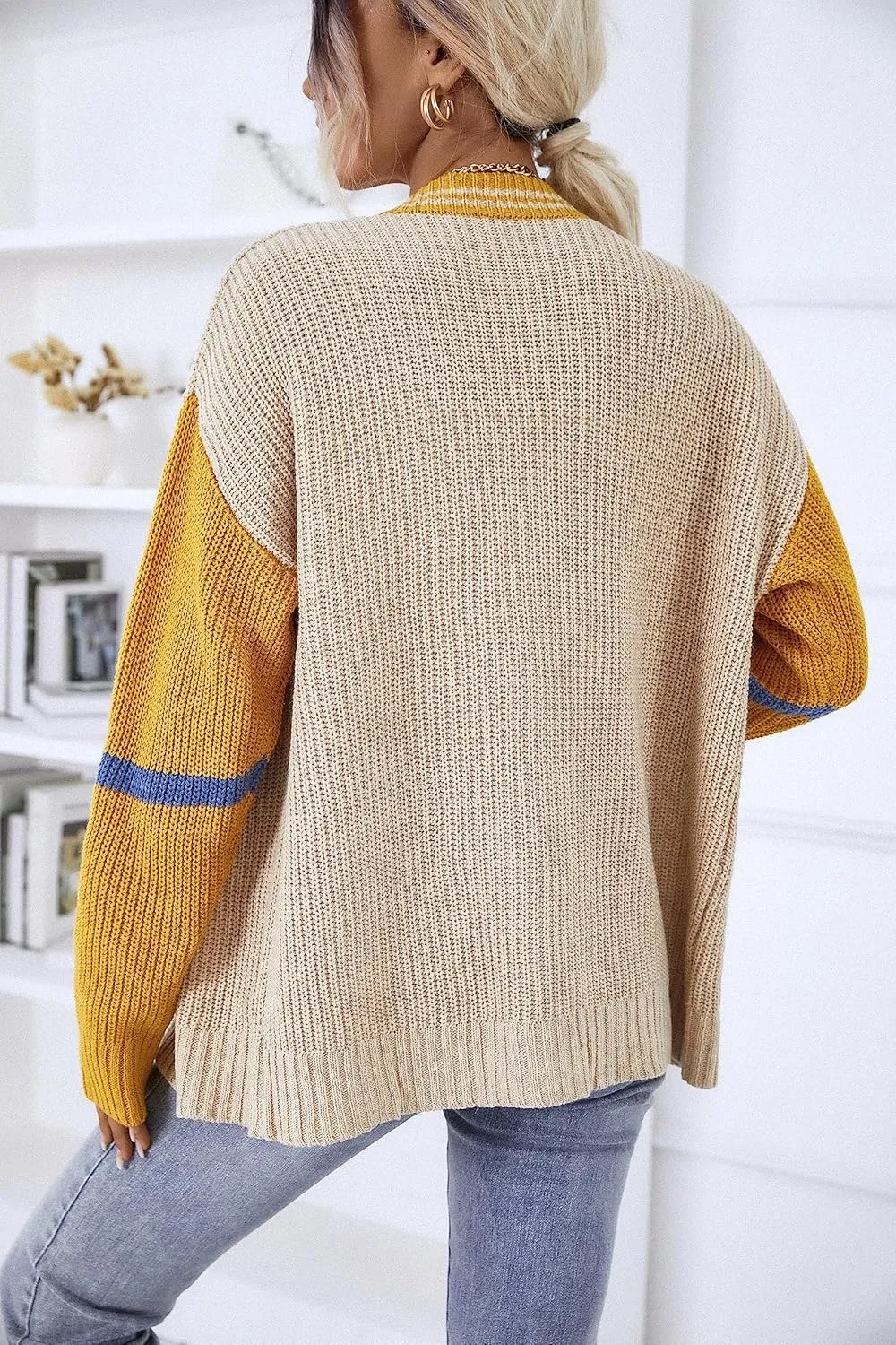 chouyatou Womens Fall Button Down Cardigan Sweaters Color Block Stripe Knitted Lightweight Cardigan