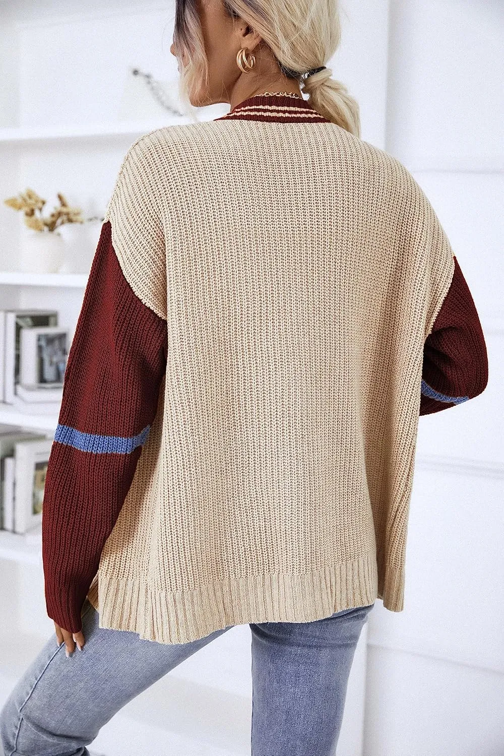 chouyatou Womens Fall Button Down Cardigan Sweaters Color Block Stripe Knitted Lightweight Cardigan