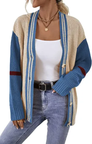 chouyatou Womens Fall Button Down Cardigan Sweaters Color Block Stripe Knitted Lightweight Cardigan