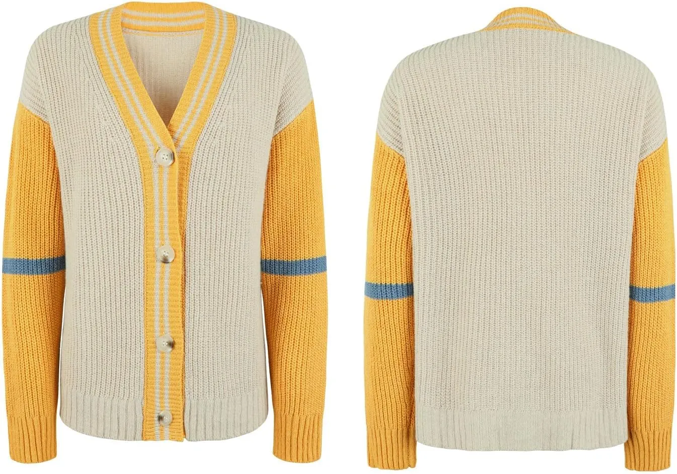 chouyatou Womens Fall Button Down Cardigan Sweaters Color Block Stripe Knitted Lightweight Cardigan