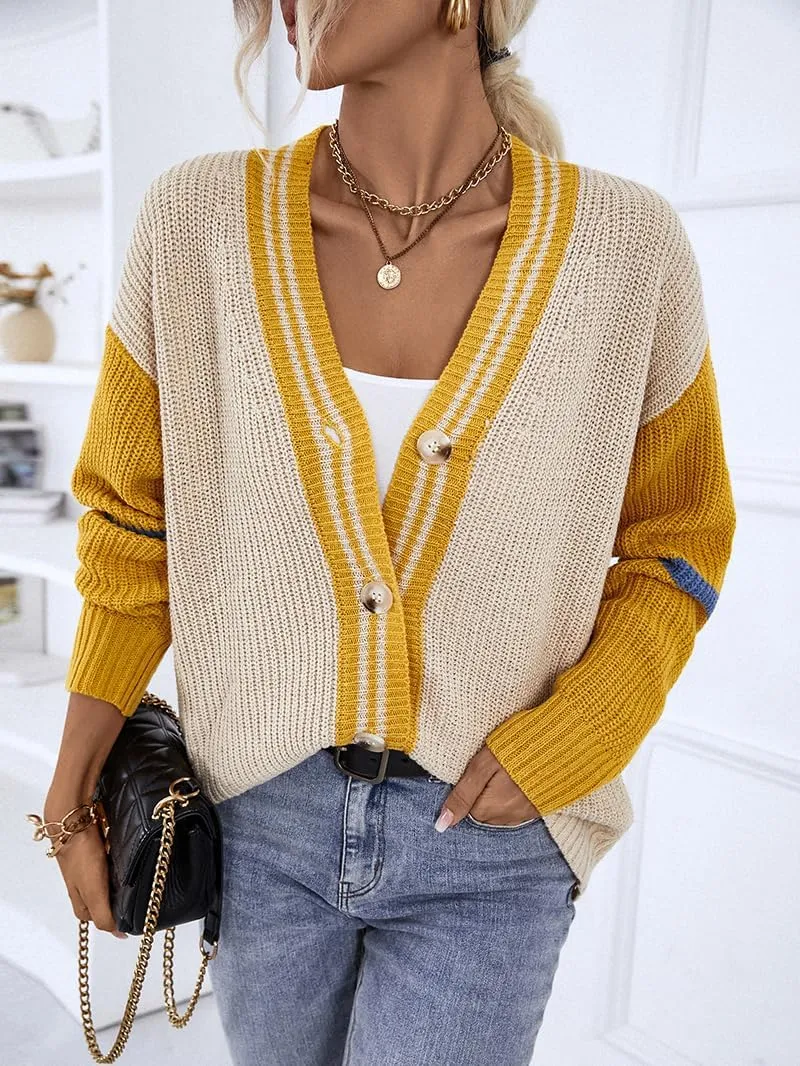 chouyatou Womens Fall Button Down Cardigan Sweaters Color Block Stripe Knitted Lightweight Cardigan