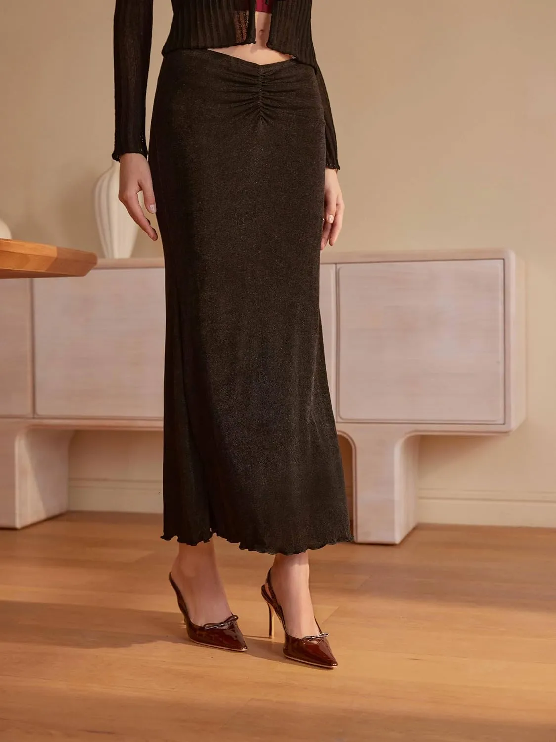 CIDER High Waist Skirts for Women Mermaid Skirt Fishtail Ruched Bodycon Long Maxi Skirt Lettuce Trim Stretchy