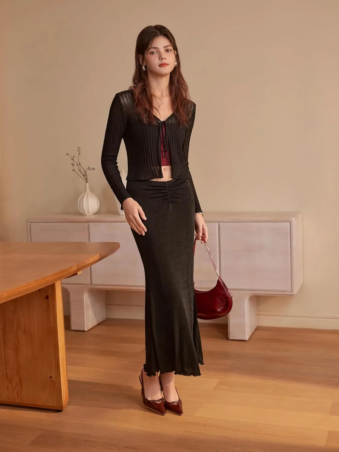CIDER High Waist Skirts for Women Mermaid Skirt Fishtail Ruched Bodycon Long Maxi Skirt Lettuce Trim Stretchy