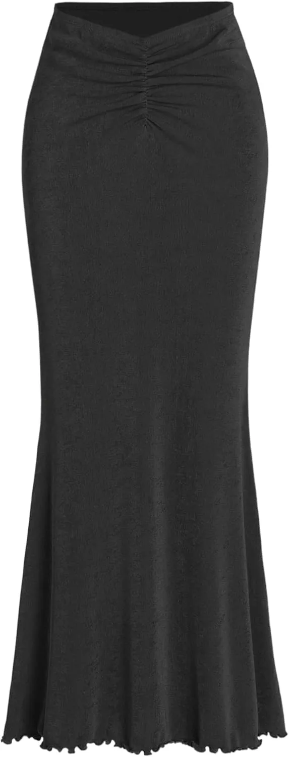 CIDER High Waist Skirts for Women Mermaid Skirt Fishtail Ruched Bodycon Long Maxi Skirt Lettuce Trim Stretchy