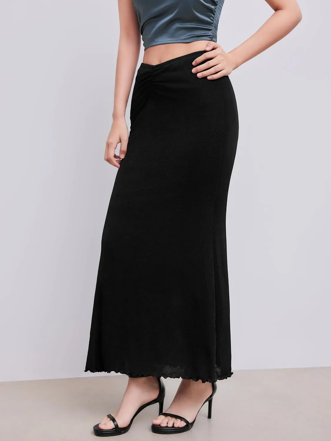 CIDER High Waist Skirts for Women Mermaid Skirt Fishtail Ruched Bodycon Long Maxi Skirt Lettuce Trim Stretchy