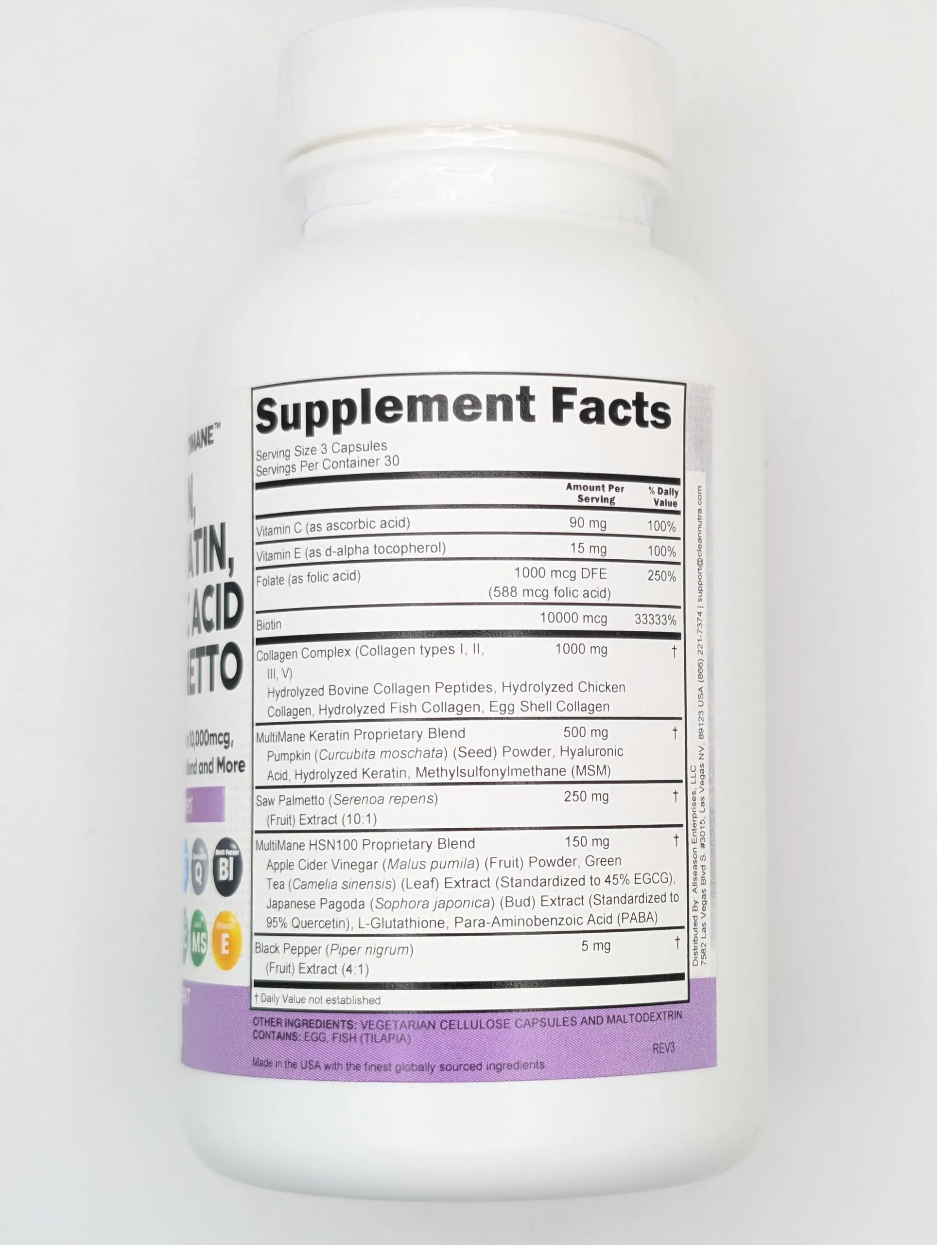 Clean Nutraceuticals Collagen Pills 1000mg Biotin 10000mcg Keratin Saw Palmetto Hyaluronic Acid - Hair Skin & Nails Vitamins & DHT Blocker with Vitamin E Folic Acid Pumpkin Seed MSM - 90 Count