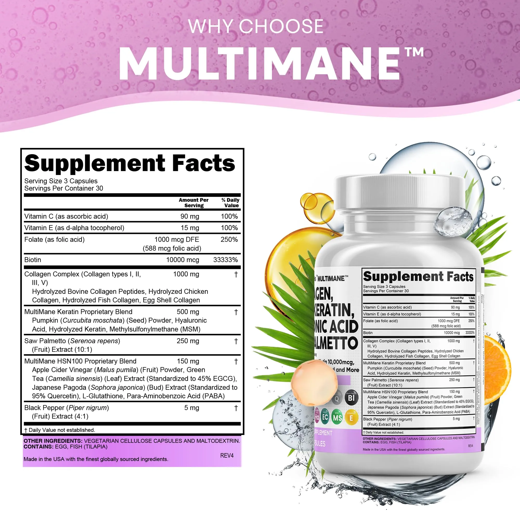 Clean Nutraceuticals Collagen Pills 1000mg Biotin 10000mcg Keratin Saw Palmetto Hyaluronic Acid - Hair Skin & Nails Vitamins & DHT Blocker with Vitamin E Folic Acid Pumpkin Seed MSM - 90 Count