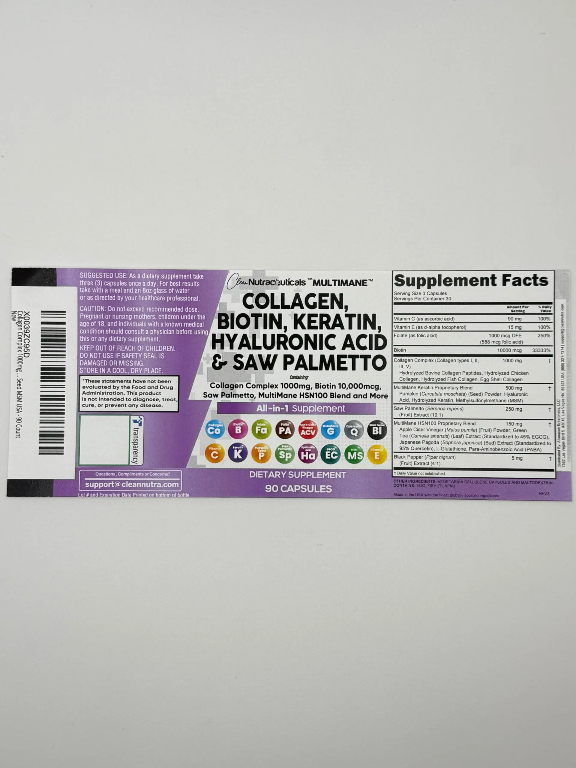 Clean Nutraceuticals Collagen Pills 1000mg Biotin 10000mcg Keratin Saw Palmetto Hyaluronic Acid - Hair Skin & Nails Vitamins & DHT Blocker with Vitamin E Folic Acid Pumpkin Seed MSM - 90 Count