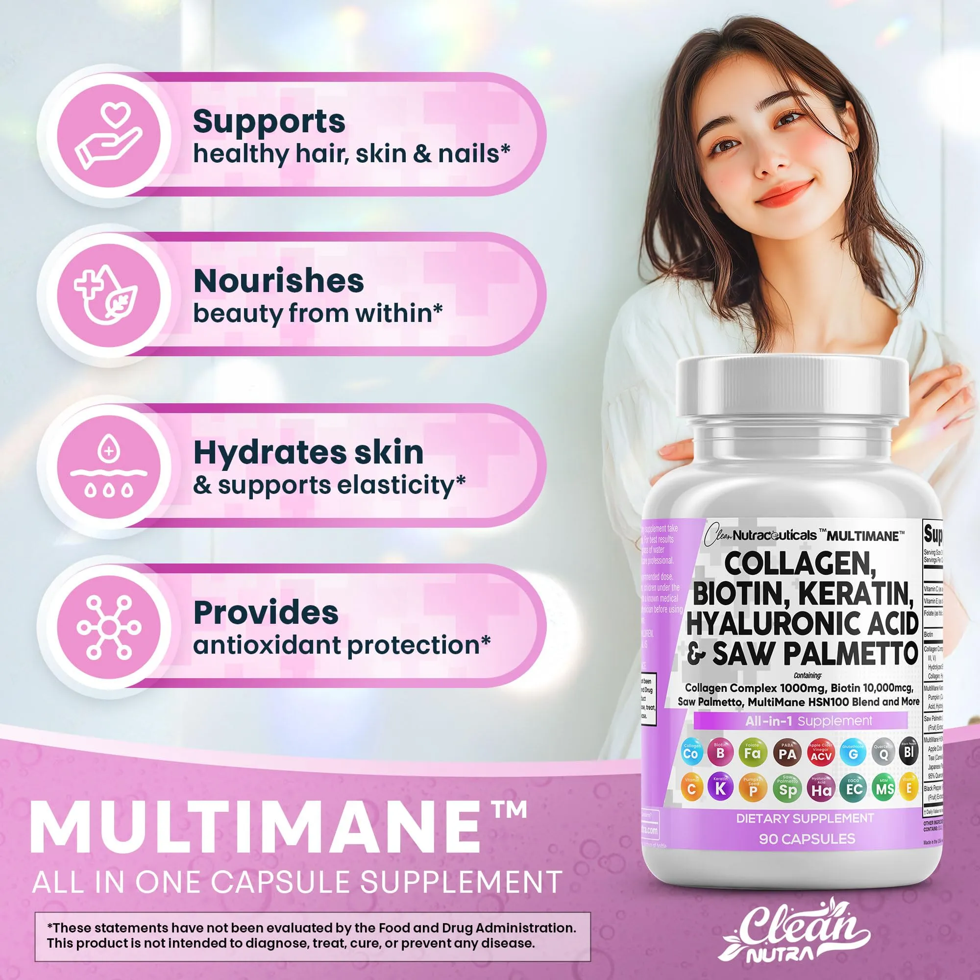 Clean Nutraceuticals Collagen Pills 1000mg Biotin 10000mcg Keratin Saw Palmetto Hyaluronic Acid - Hair Skin & Nails Vitamins & DHT Blocker with Vitamin E Folic Acid Pumpkin Seed MSM - 90 Count