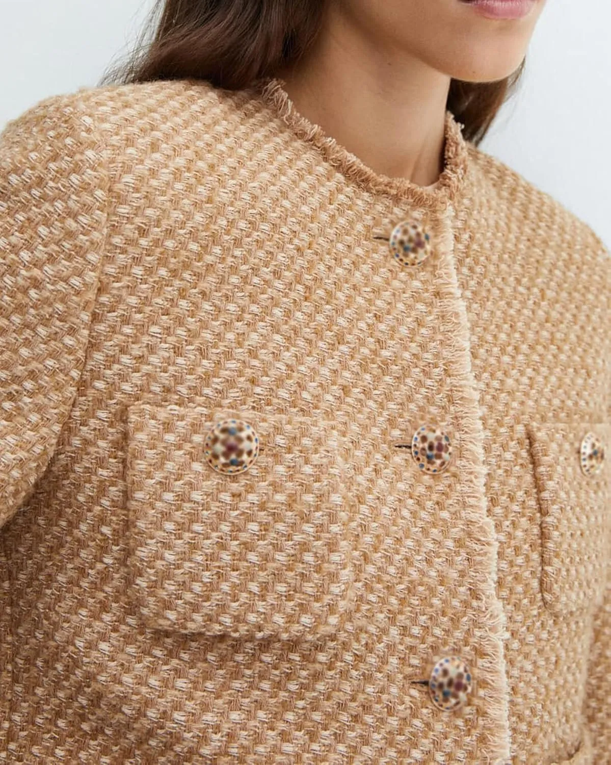 Cropped Tweed Blazer Jackets for Women Elegant Collarless Long Sleeve Button Down Work Office Blazer Jacket