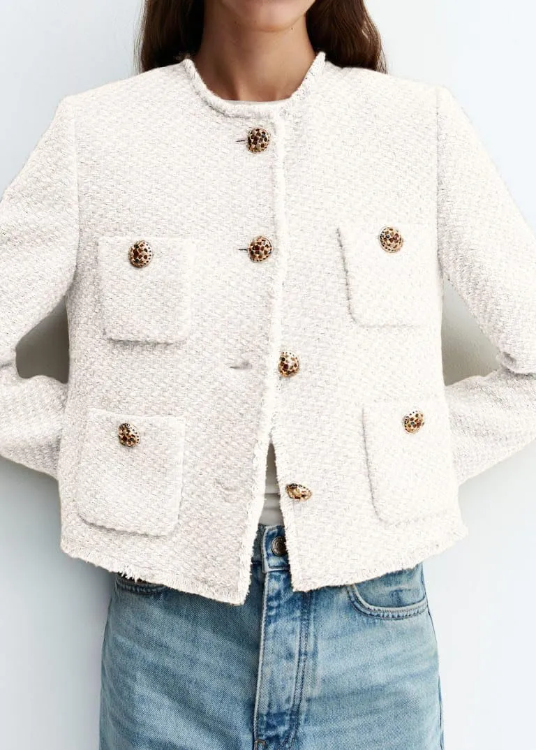 Cropped Tweed Blazer Jackets for Women Elegant Collarless Long Sleeve Button Down Work Office Blazer Jacket