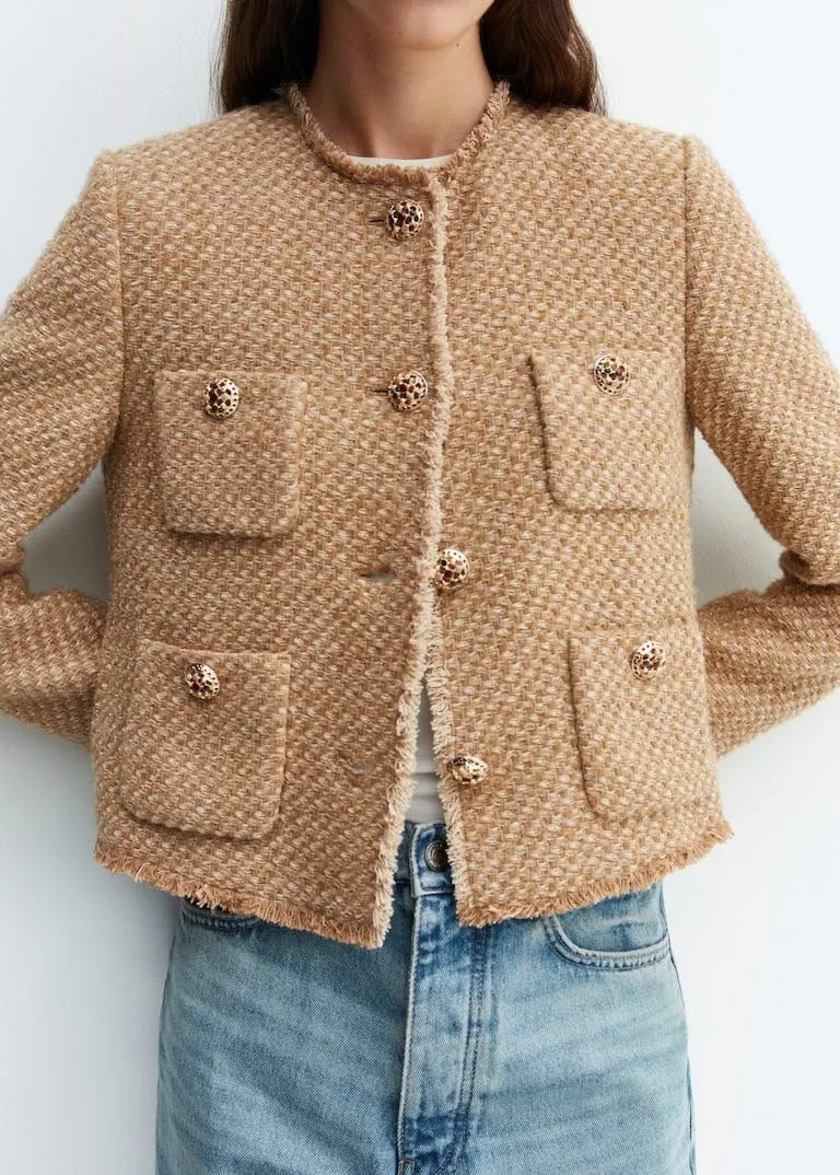 Cropped Tweed Blazer Jackets for Women Elegant Collarless Long Sleeve Button Down Work Office Blazer Jacket
