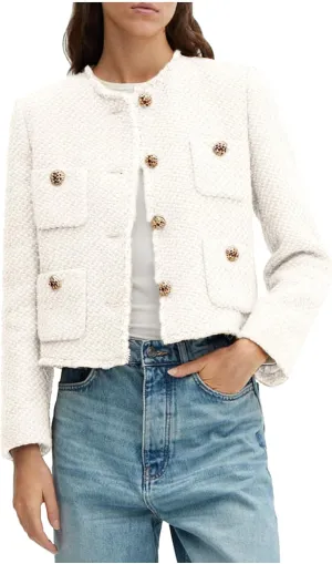 Cropped Tweed Blazer Jackets for Women Elegant Collarless Long Sleeve Button Down Work Office Blazer Jacket