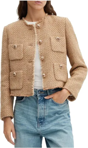 Cropped Tweed Blazer Jackets for Women Elegant Collarless Long Sleeve Button Down Work Office Blazer Jacket