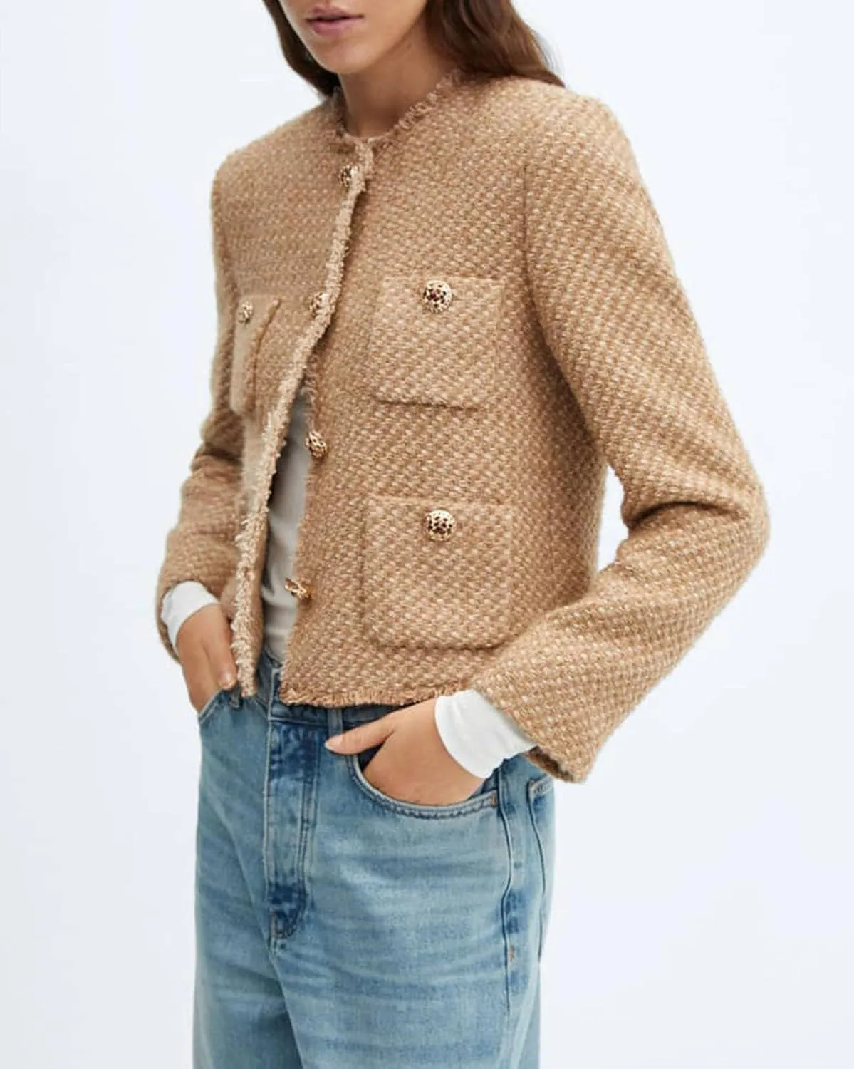 Cropped Tweed Blazer Jackets for Women Elegant Collarless Long Sleeve Button Down Work Office Blazer Jacket