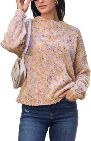 CUPSHE Womens Pullover Sweater Rainbow Pom Ribbed Knit Long Sleeve Fall Colorful Jumper Tops