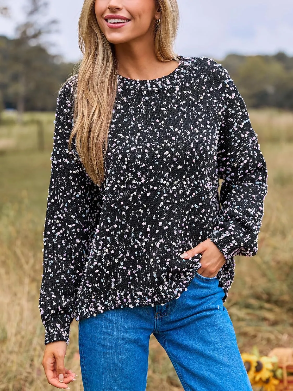 CUPSHE Womens Pullover Sweater Rainbow Pom Ribbed Knit Long Sleeve Fall Colorful Jumper Tops