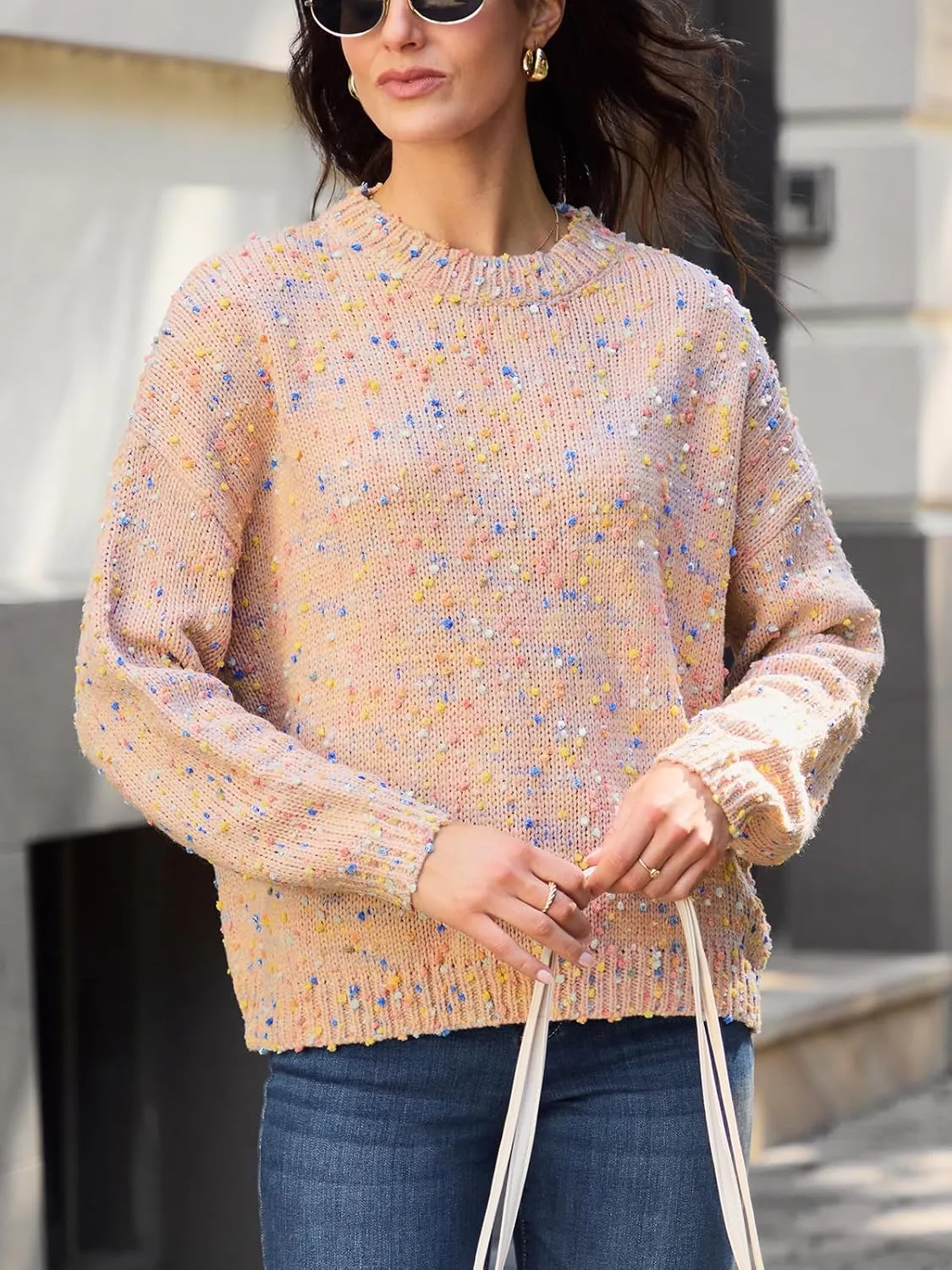 CUPSHE Womens Pullover Sweater Rainbow Pom Ribbed Knit Long Sleeve Fall Colorful Jumper Tops