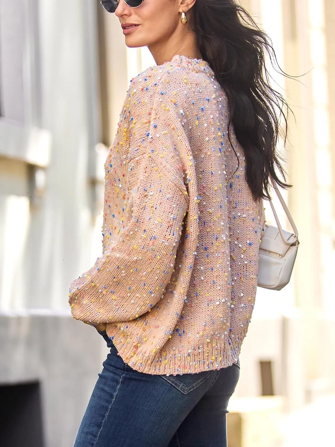 CUPSHE Womens Pullover Sweater Rainbow Pom Ribbed Knit Long Sleeve Fall Colorful Jumper Tops