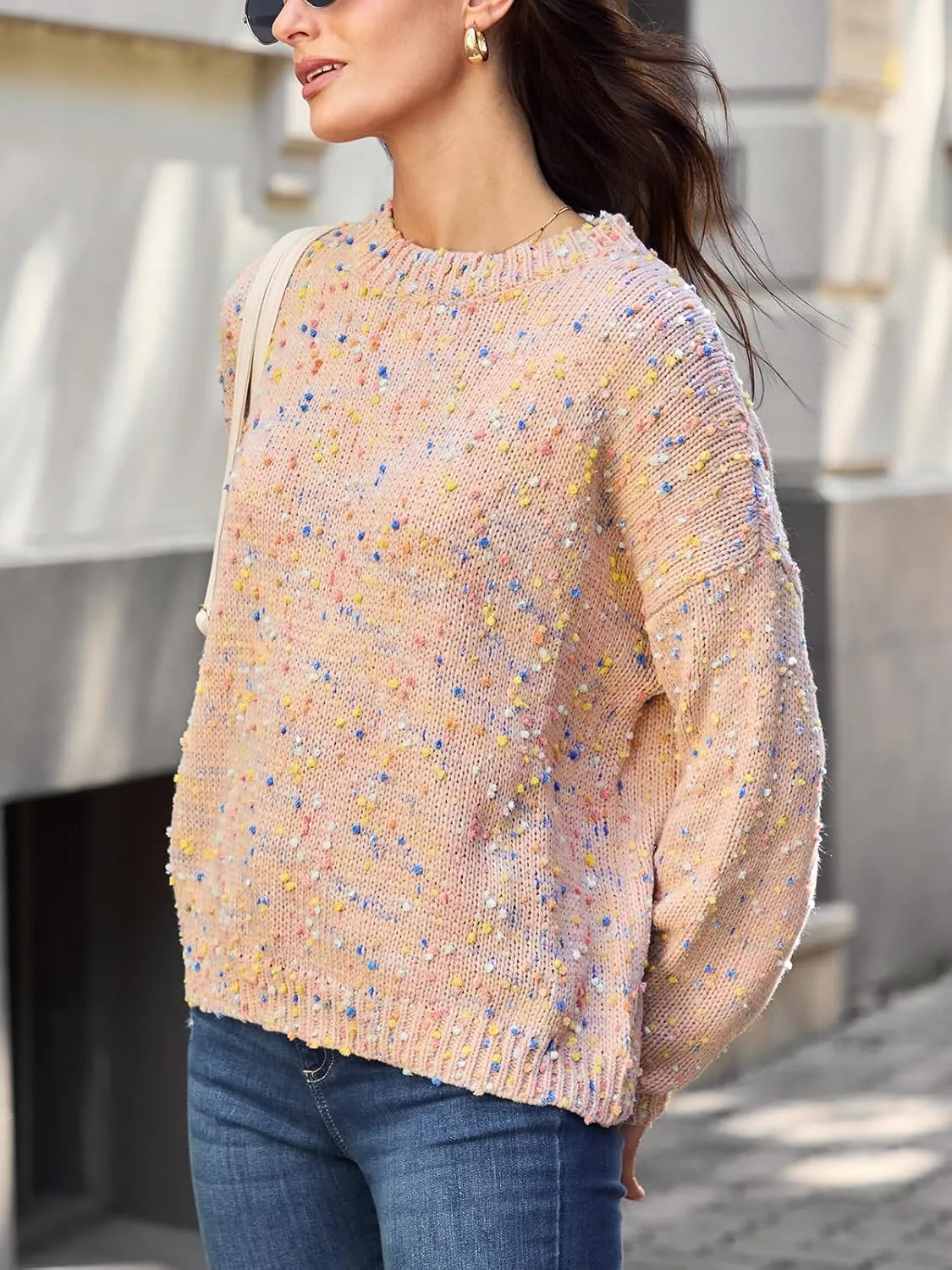 CUPSHE Womens Pullover Sweater Rainbow Pom Ribbed Knit Long Sleeve Fall Colorful Jumper Tops
