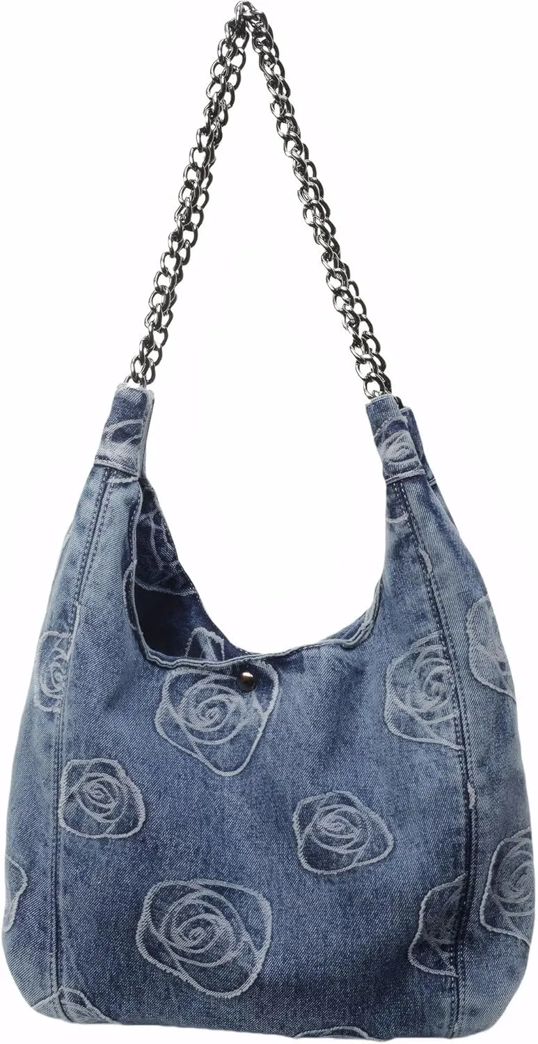 Denim Hobo Tote Bag for WomenJean Casual Shoulder Purse with Floral PatternChain Strap, Blue