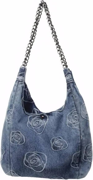 Denim Hobo Tote Bag for WomenJean Casual Shoulder Purse with Floral PatternChain Strap, Blue