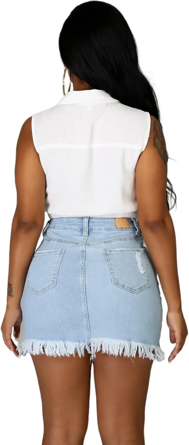 Denim Mini Skirts for Women Sexy High Waist Stretchy Distressed Bodycon Jean Short Skirt