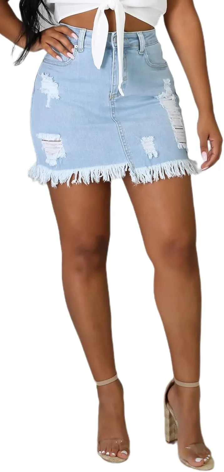 Denim Mini Skirts for Women Sexy High Waist Stretchy Distressed Bodycon Jean Short Skirt