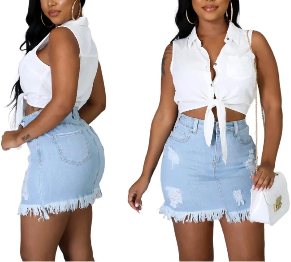 Denim Mini Skirts for Women Sexy High Waist Stretchy Distressed Bodycon Jean Short Skirt