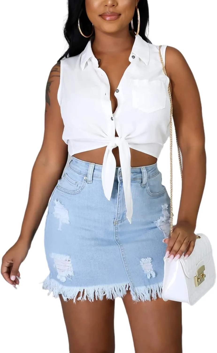 Denim Mini Skirts for Women Sexy High Waist Stretchy Distressed Bodycon Jean Short Skirt