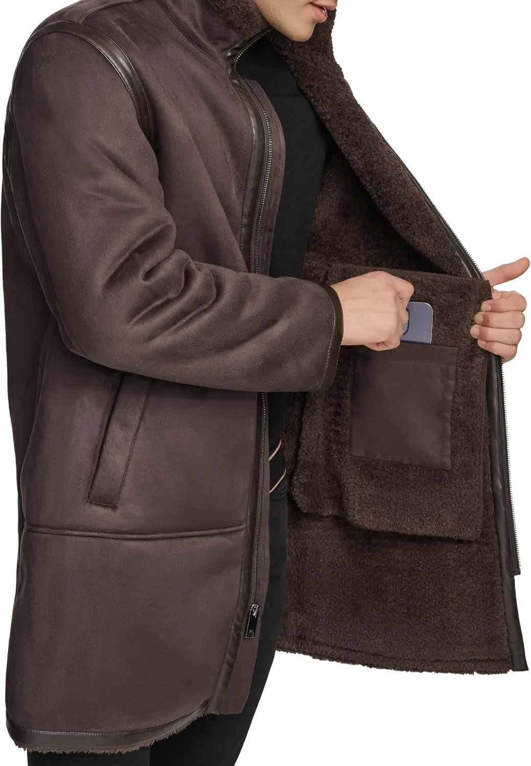 DKNY Mens Long Faux Shearling Coat