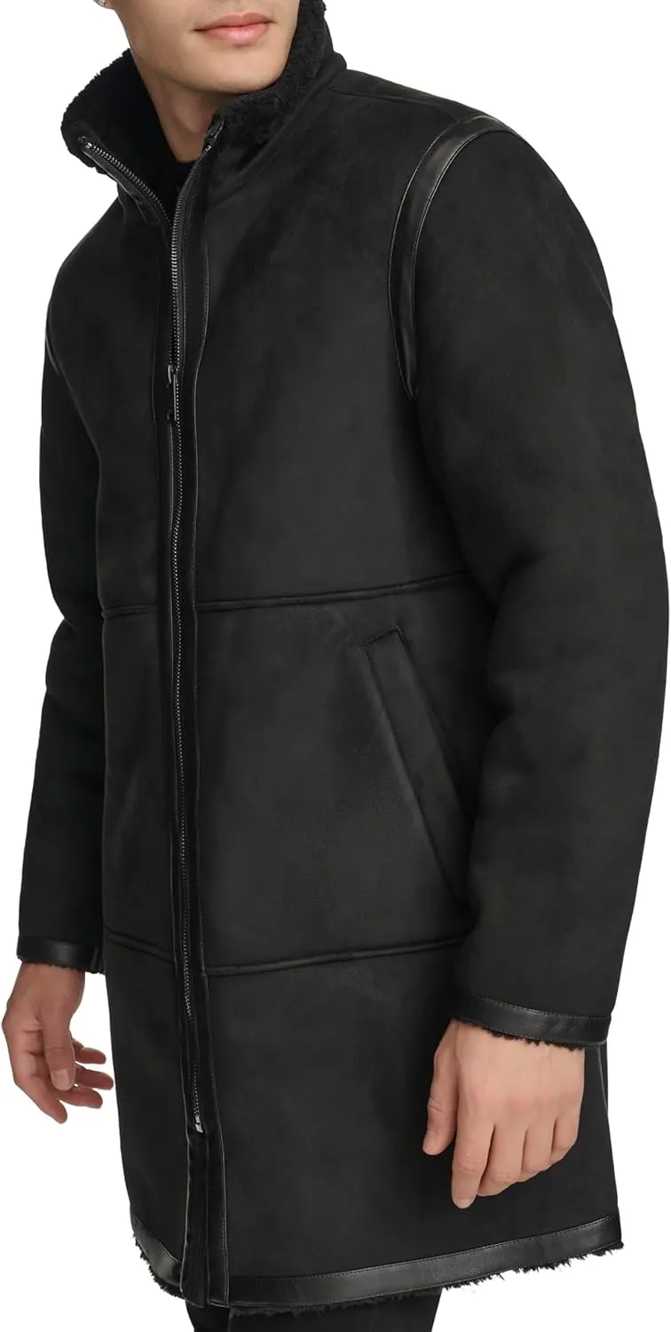 DKNY Mens Long Faux Shearling Coat