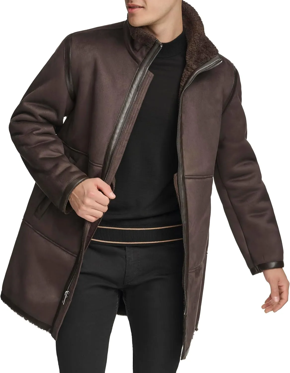 DKNY Mens Long Faux Shearling Coat