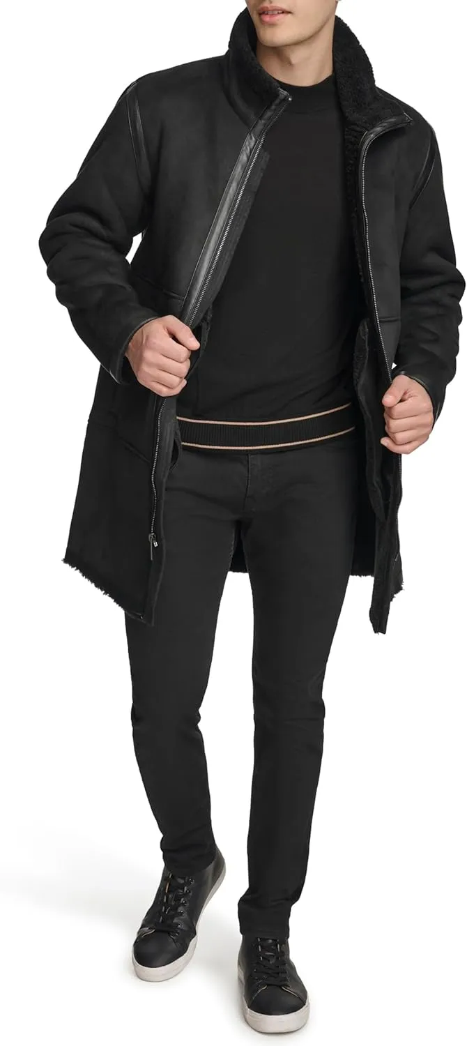 DKNY Mens Long Faux Shearling Coat