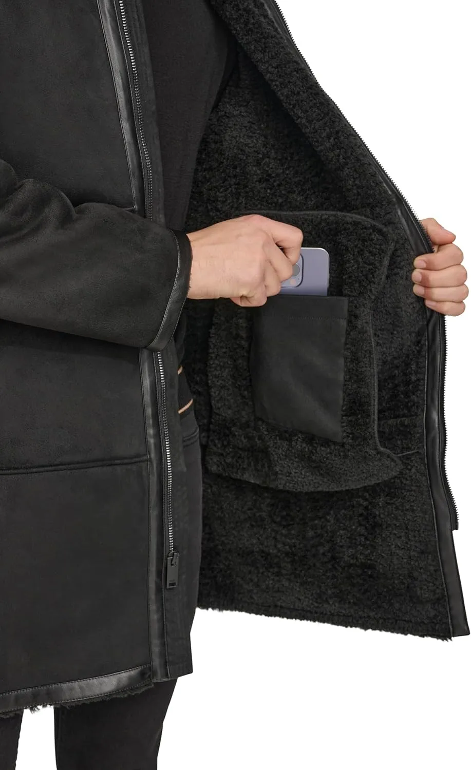 DKNY Mens Long Faux Shearling Coat